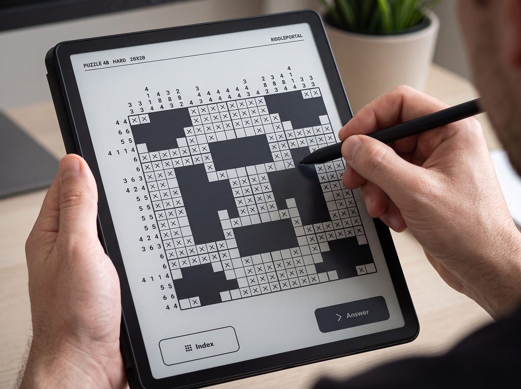 A hard nonogram on an e-ink tablet held in one hand, being marked with a stylus