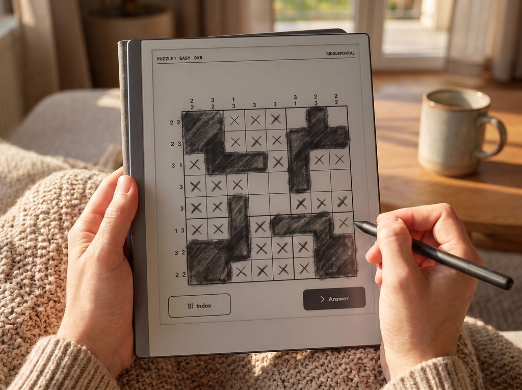 An easy nonogram part-solved on an e-ink tablet, held in both hands beside a mug