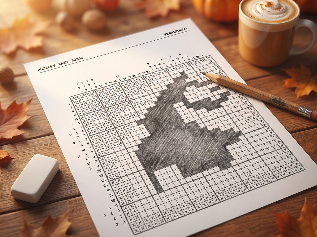 A printed Halloween nonogram on a wooden table with autumn leaves and a coffee