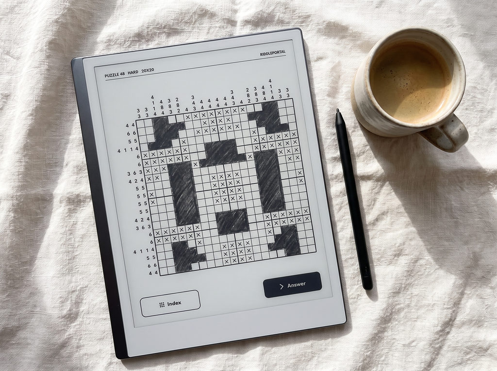 A hard 20x20 nonogram on an e-ink tablet resting on linen, next to a stylus and coffee