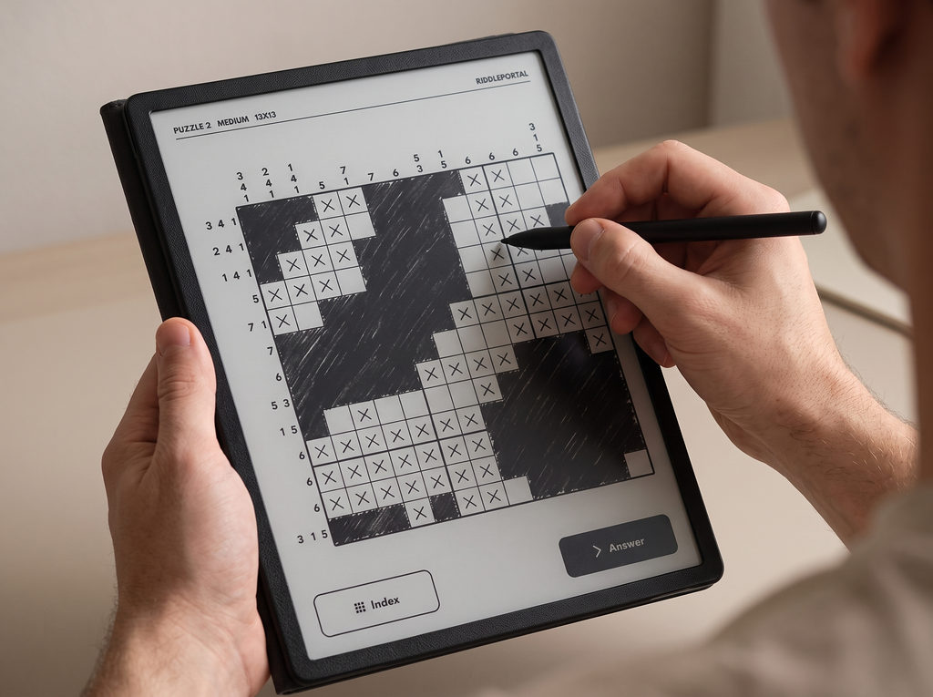 A medium nonogram on an e-ink tablet, a hand shading a square with the stylus