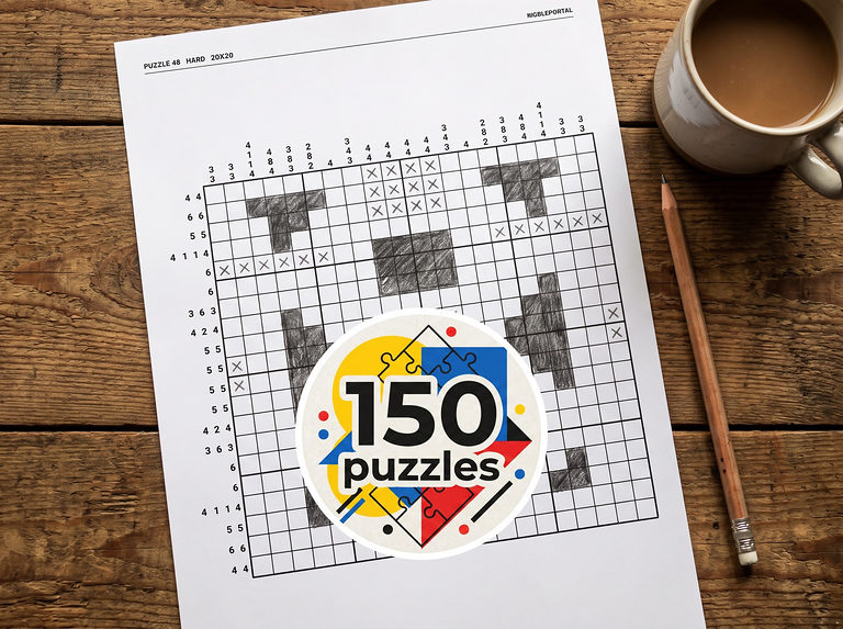 A printed hard 20x20 nonogram, partly solved, marked 150 puzzles