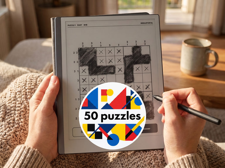 An easy 8x8 nonogram on an e-ink tablet, marked 50 puzzles