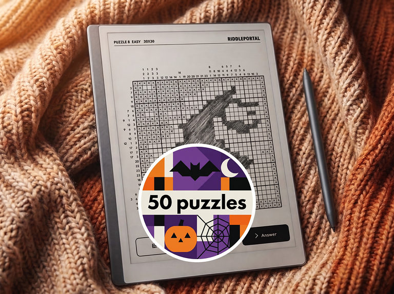 A Halloween nonogram on an e-ink tablet, marked 50 puzzles
