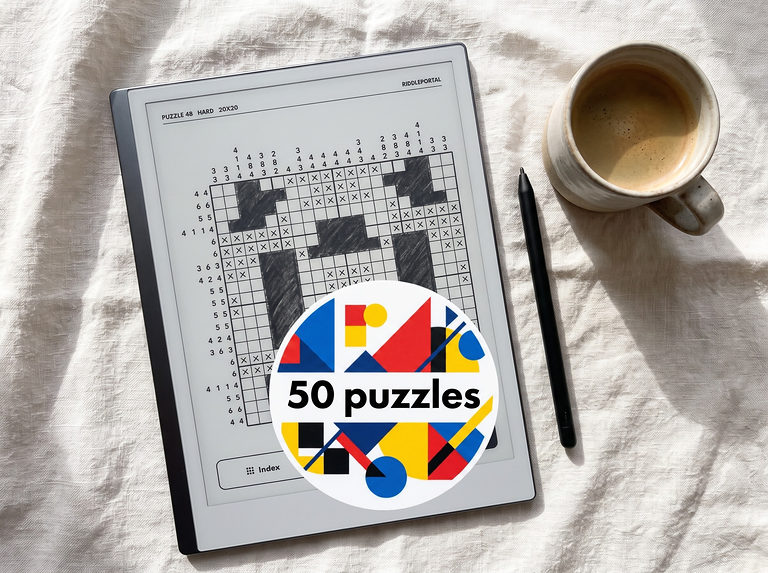 A hard 20x20 nonogram on an e-ink tablet, marked 50 puzzles