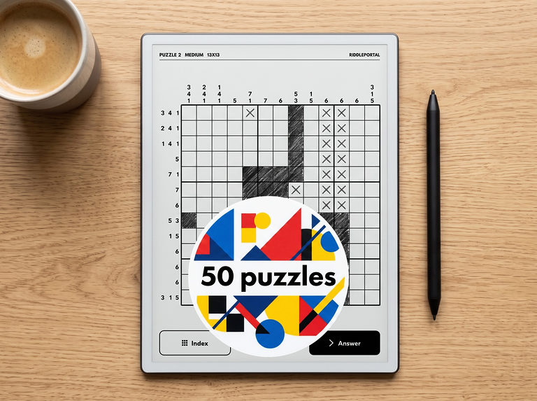 A medium 13x13 nonogram on an e-ink tablet, marked 50 puzzles