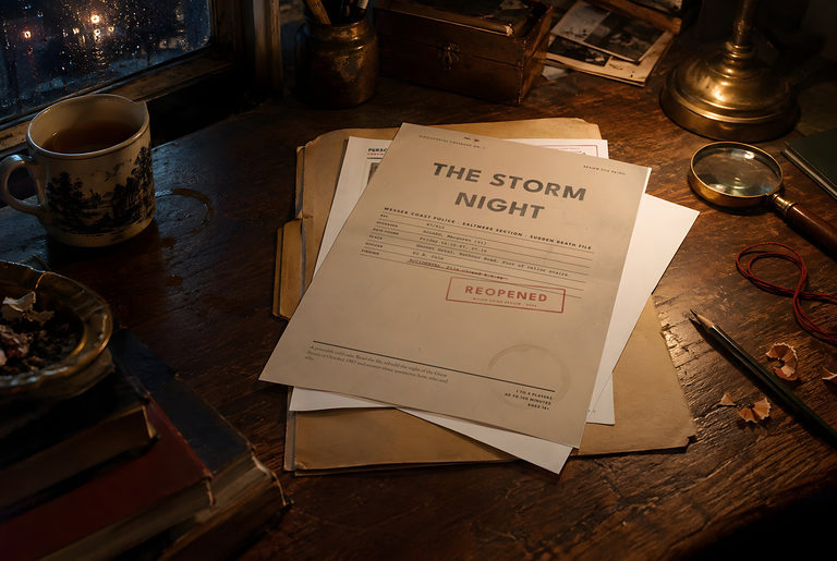 The Storm Night case file on a desk beside a cup of tea and a magnifying glass