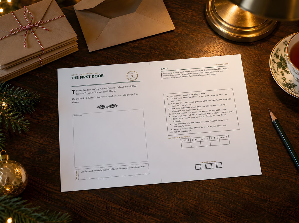 Day 1's calendar card on a walnut table beside kraft envelopes tied with red and white string