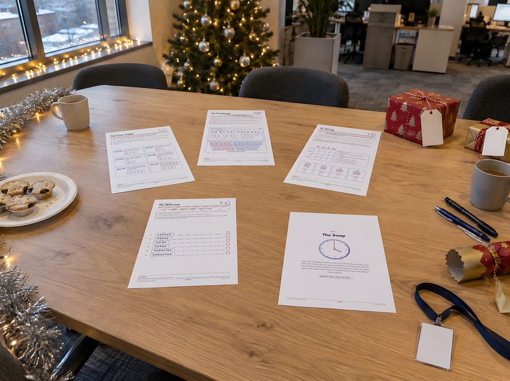 Five pages of the game on an office table at a Christmas party: the cracker riddles, the chat message, the gift tags, the wish lists and the first part's clock