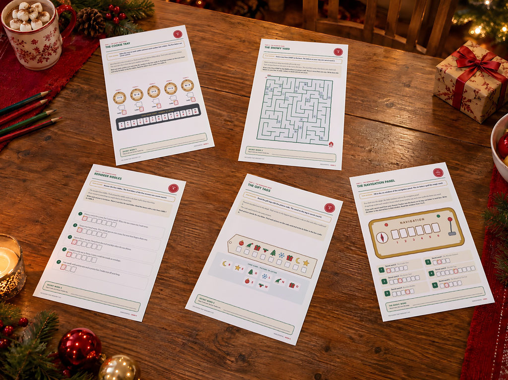 Five puzzle pages of the game on a wooden table: the cookie tray, the snowy yard maze, the reindeer riddles, the gift tags and the navigation panel