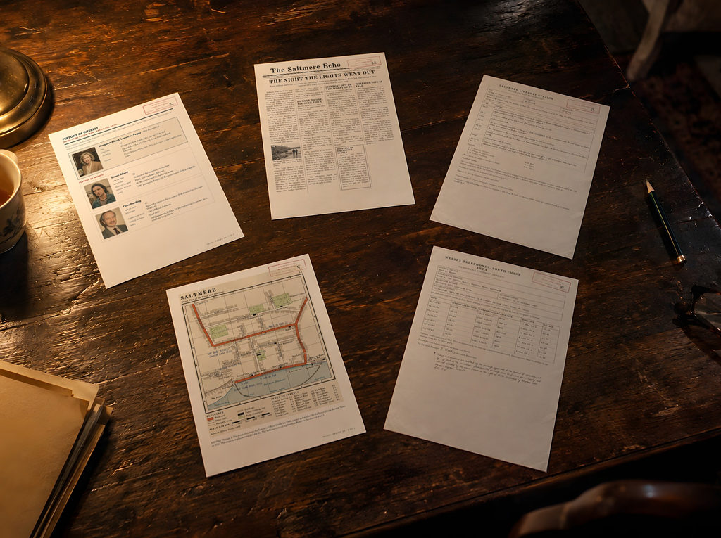 Pages of the case file on a dark wooden desk: the persons of interest, the local paper, a map of the town and two records